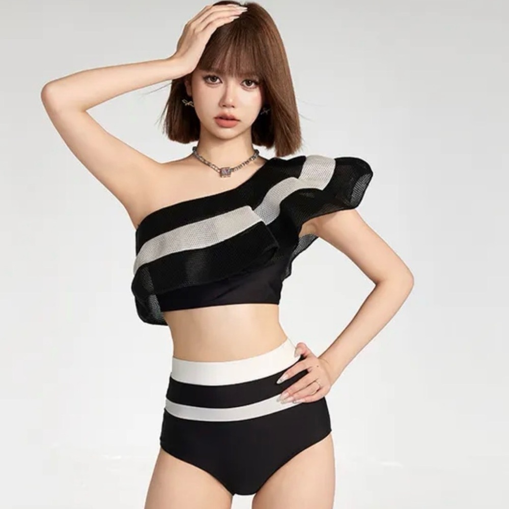 One-Shoulder Striped Ruffled Bikini